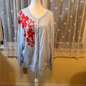 Lands' End Light Blue Cardigan with Red Floral Design
